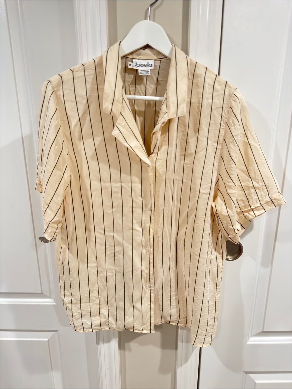 Rafaella Silk Beige Brown Pinstripe Button Down Blouse Women's Size 12